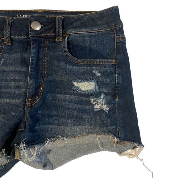 American Eagle Hi Rise Shortie Denim Distressed Shorts Sz 6 - Picture 2 of 10
